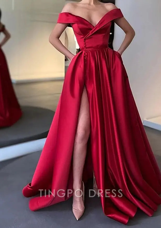 TingPo Wholesale Elegant A-line Off-the-Shoulder Sweep Train Satin Prom Dress With Pleated Pockets Split